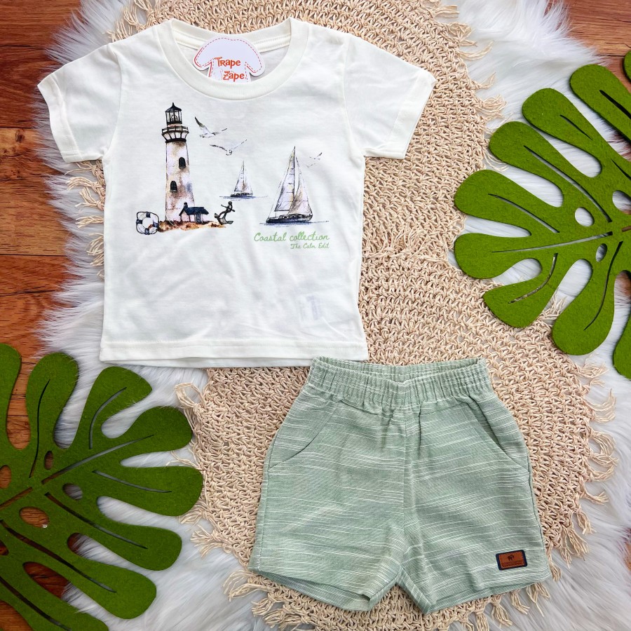 Conj. Camiseta Coastal Collection e Bermuda - Off White e Verde
